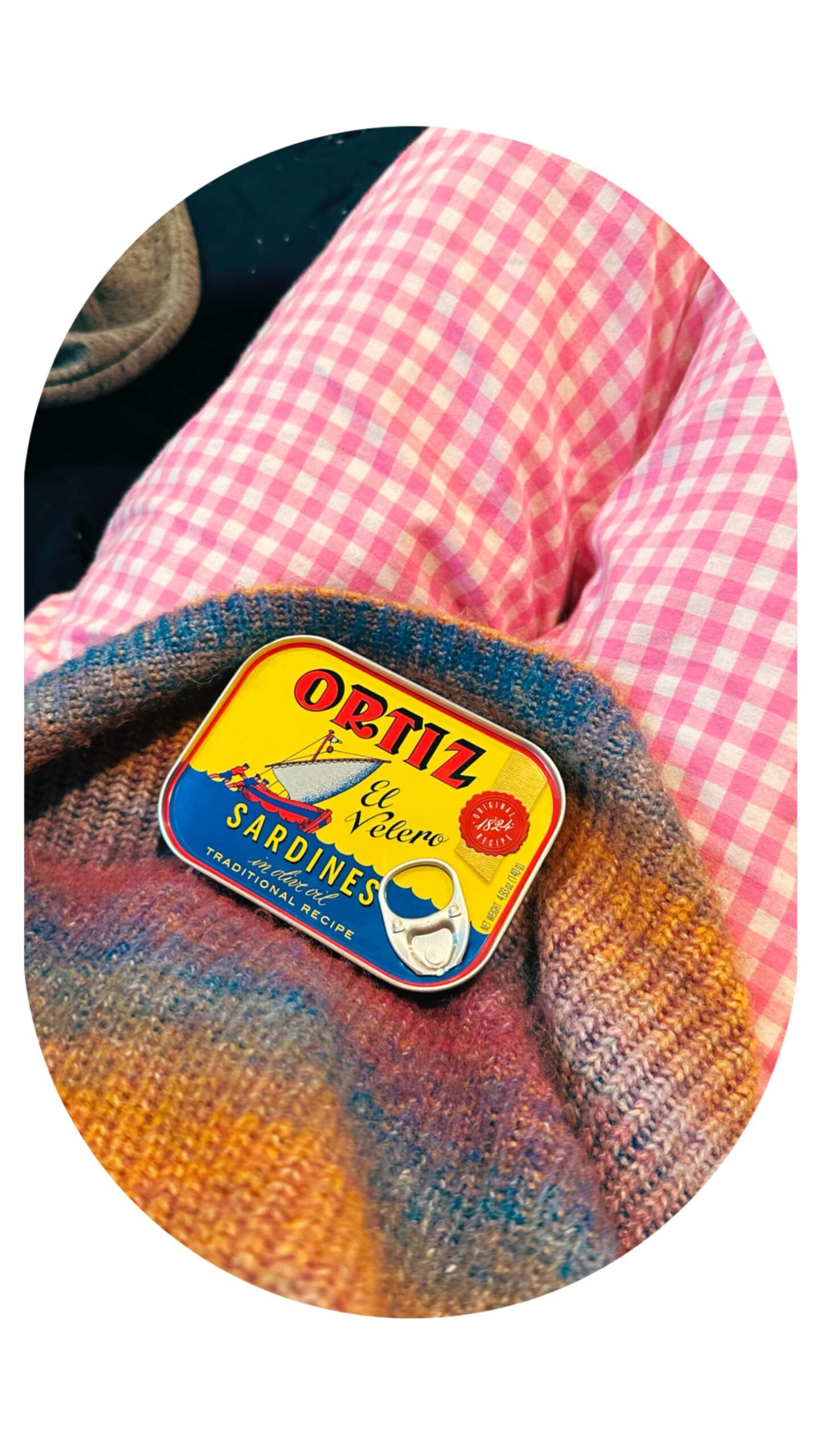 Outtake No. 2 from Attalie Anne's Sardines Song album cover photo shoot. Shows a yellow can of Ortiz Sardines in Attalie's lap. Attalie has on a colorful knitted sweater and pink gingham pants.